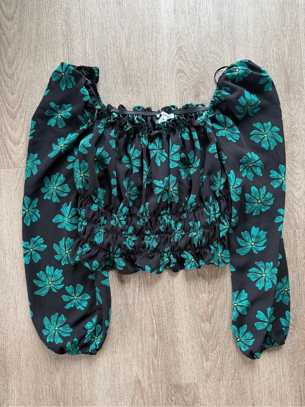 Bar III Black & Teal Green Floral Long Sleeve Smocked Crop Top Boho Peasant